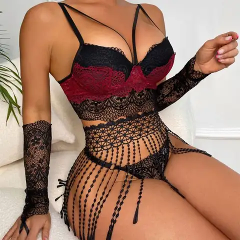 Zoe's 2 Crystal Black & Red Tassel Lace Mesh Langerie Set