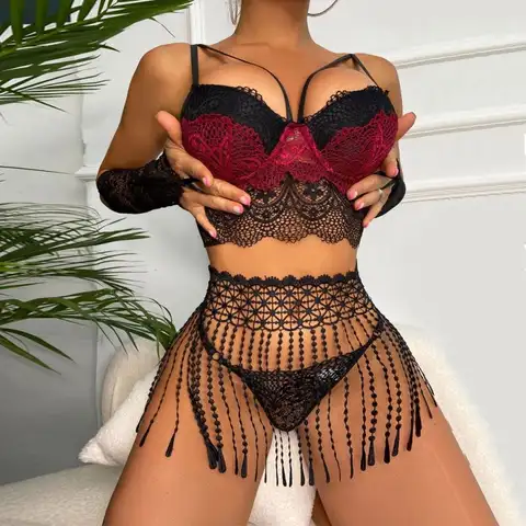 Zoe's 2 Crystal Black & Red Tassel Lace Mesh Langerie Set