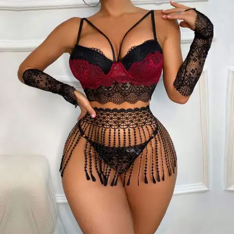 Zoe's 2 Crystal Black & Red Tassel Lace Mesh Langerie Set