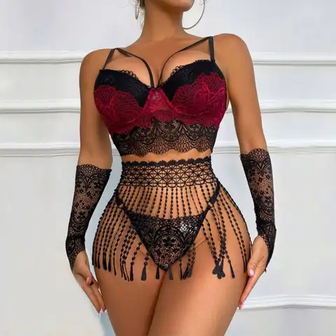 Zoe's 2 Crystal Black & Red Tassel Lace Mesh Langerie Set