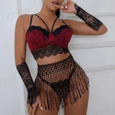 Zoe's 2 Crystal Black & Red Tassel Lace Mesh Langerie Set