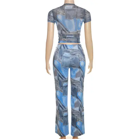 Foxy's 2Pc Denim Styled  Mesh Crop/Pant Set