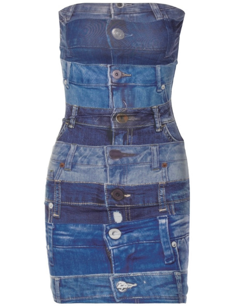 LETNES’ Denim Print Halter Top Dress (Limited Edition)