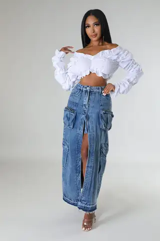 Cargo Style Long Split Denim Skirt