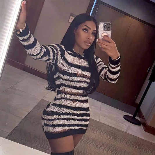 Knitted Strip Ripped Bodycon Dress