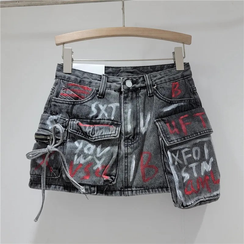 Graffiti Denim Cargo Skirt