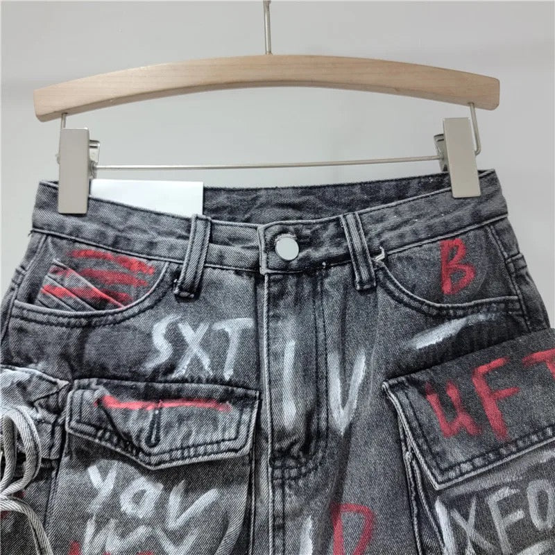 Graffiti Denim Cargo Skirt