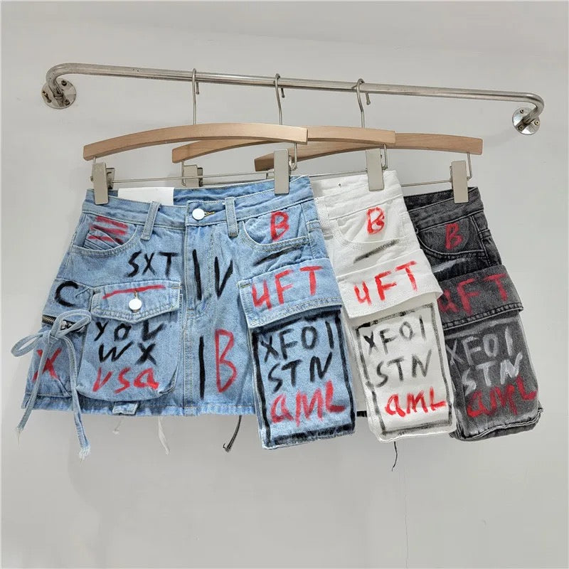 Graffiti Denim Cargo Skirt