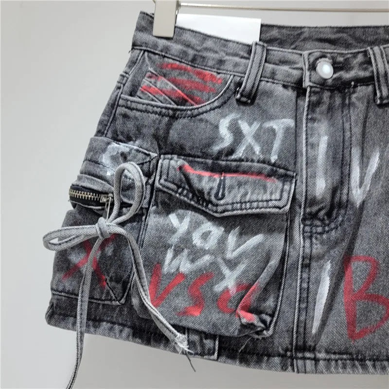 Graffiti Denim Cargo Skirt