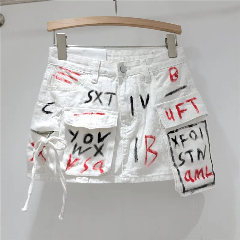 Graffiti Denim Cargo Skirt