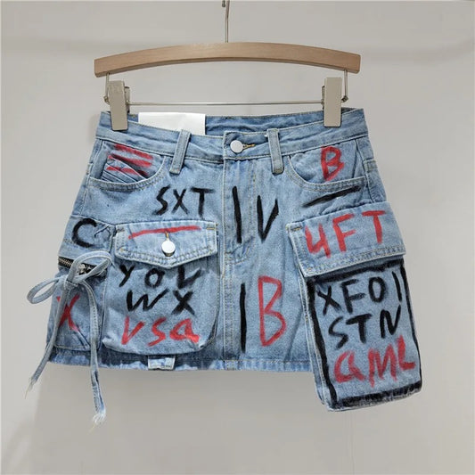 Graffiti Denim Cargo Skirt