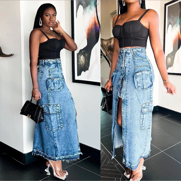 Cargo Style Long Split Denim Skirt