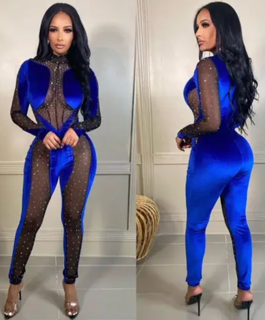 Elegant Velvet/Mesh, Blue Rhinestone Bodycon Jumpsuit