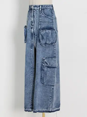 Cargo Style Long Split Denim Skirt