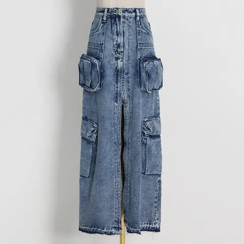 Cargo Style Long Split Denim Skirt