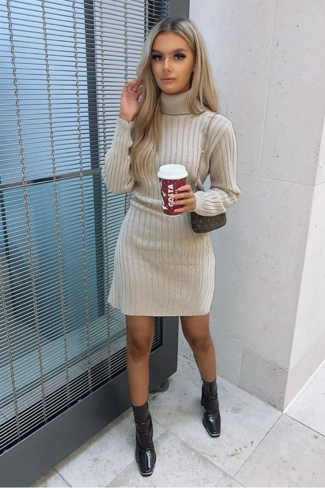 Rib Knit Roll Neck Jumper Dress