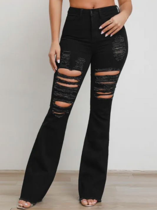 Denim Mid Waist Ripped Solid Boot Cut High Stretchy Jeans