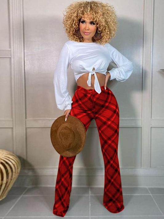 Mid Waist Plaid Print Flared Pants