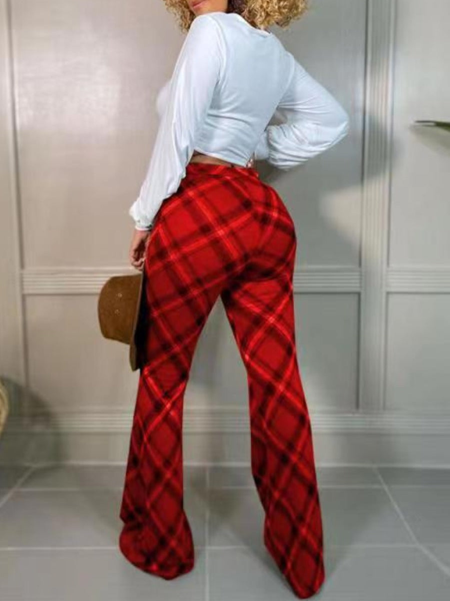 Mid Waist Plaid Print Flared Pants