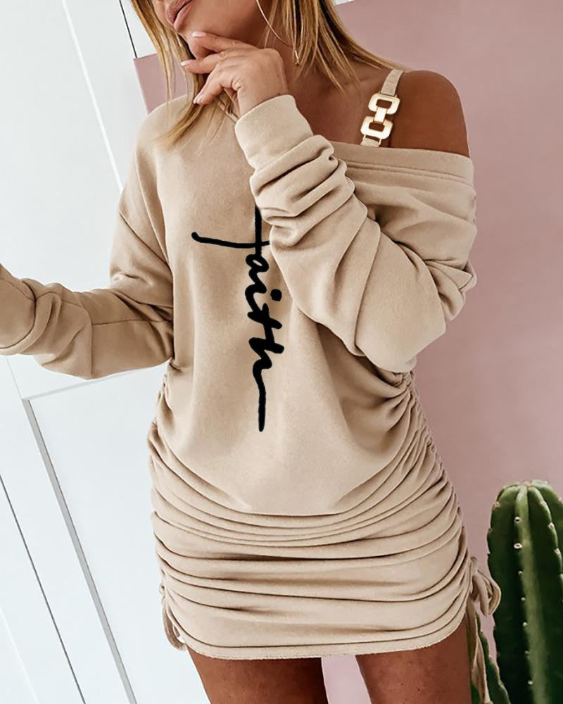 Letter Print Cold Shoulder Drawstring Long Sleeve Dress