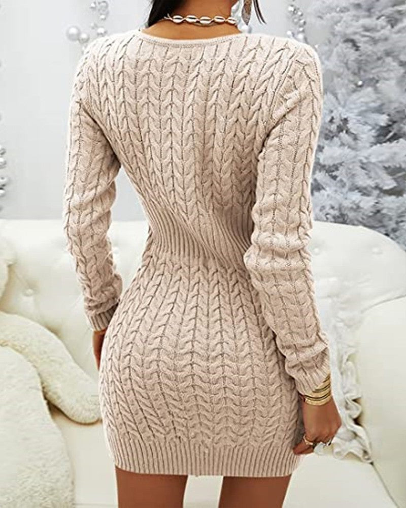 Long Sleeve Zipper Front Cable Knit Sweater Dress