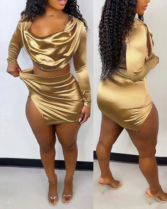 Metallic Long Sleeve Crop Top & Slit Skirt Set